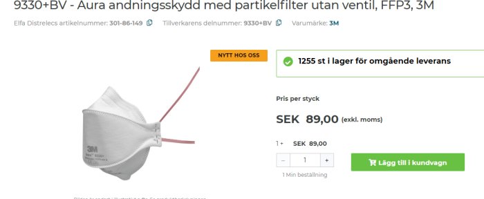 FFP3 munskydd utan ventil, modell 3M 9330+BV, visas med priset och lagerstatus på en webbshop.