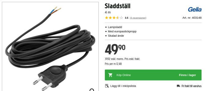 Svart elsladd på 4 meter med europastickpropp och skalade ändar från Gelia.