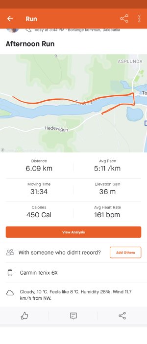 Skärmavbild av en löparapp med kartöversikt över en eftermiddagslöptur och statistik: distans 6.09 km, tid 31:34, kalorier 450.