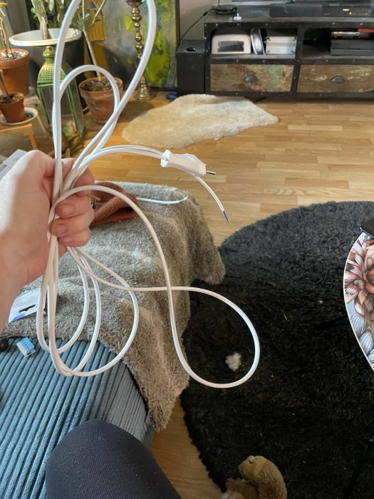Hand håller en lös vit elkabel i ett vardagsrum, kabeln är 3 meter lång.