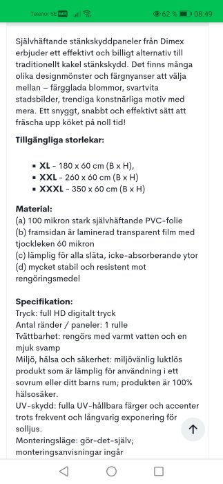 Skärmdump av en mobiltelefons webbläsare som visar information om självhäftande stänkskyddspaneler från Dimex.