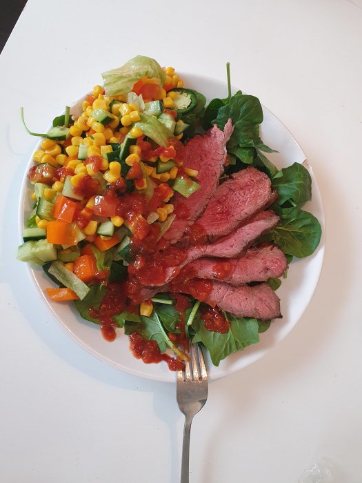En tallrik med sallad och skivad stek med grönsaker och salsa, serverad på vit bakgrund.