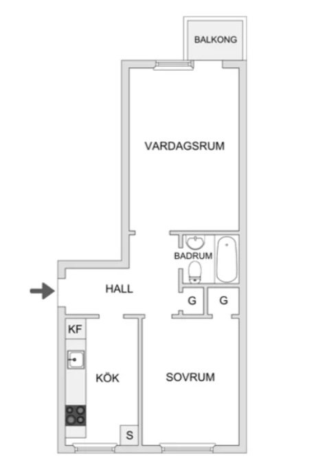 Ritning över en lägenhet med litet kök, hall, vardagsrum, sovrum, badrum och balkong.