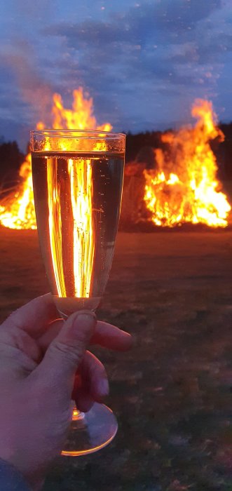 Hand håller ett champagne-glas mot en majbrasas flammande sken.