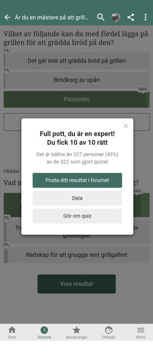 Skärmdump av en grillrelaterad quizresultatsida med betyget "Full pott" och texten "du är en expert!