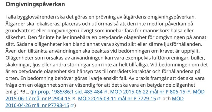 Textutdrag om omgivningspåverkan från Boverket som diskuterar prövning av åtgärders påverkan på omgivningen enligt PBL.