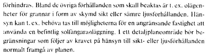 Utdrag ur textdokument som förklarar grannlägens rättigheter med avseende på siktförhållanden enligt detaljplan.