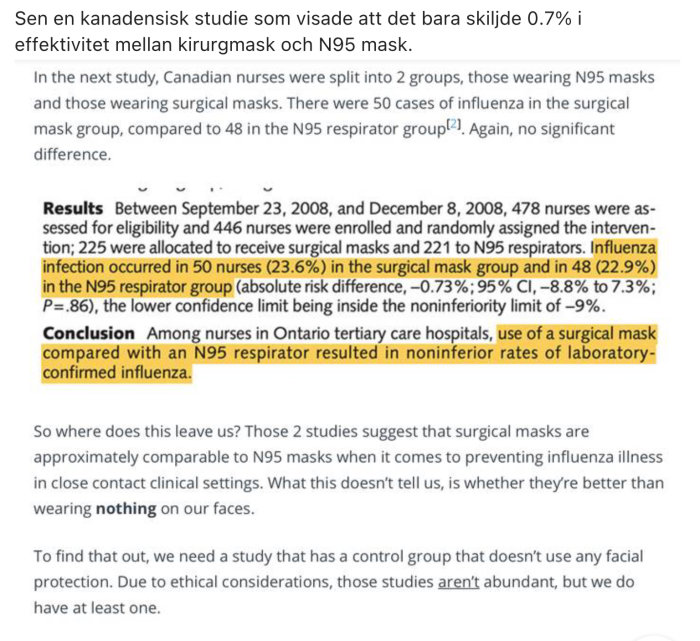 Studieresultat jämför influensasmittas frekvens hos sjuksköterskor med kirurgiska masker och N95-masker.
