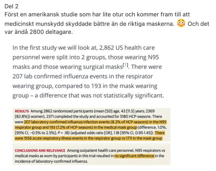 Studieresultat som jämför användningen av N95-andningsmasker och kirurgiska masker mot influensa.