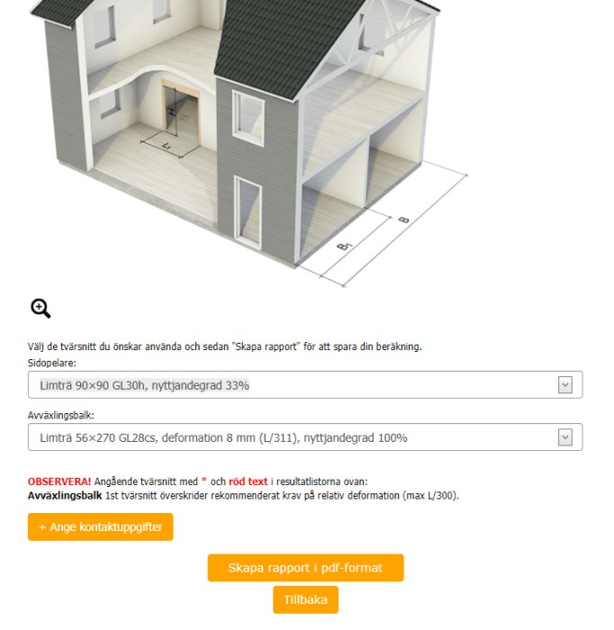 3D-rendering av hussektion som visar balkar och pelare för byggprojekt, med dimensioner och materialval.