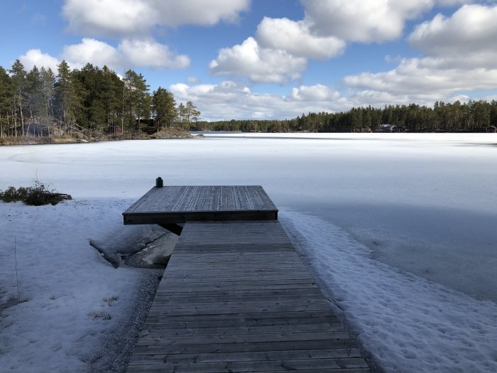 Träbrygga leder ut till en frusen sjö omgiven av snötäckta skogar och klar himmel.