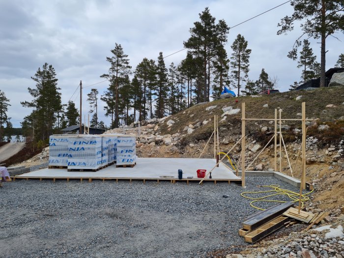 Förberett byggarbetsområde med grundplatta och stödstrukturer för murväggar, pallar med byggmaterial och skog i bakgrunden.