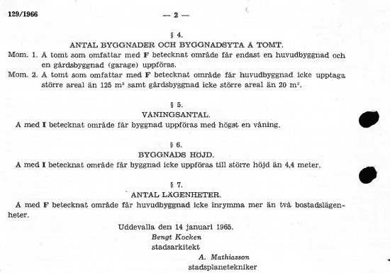 Utdrag ur en detaljplan med text om byggnaders och byggnadsstil på en tomt, daterad 14 januari 1965.