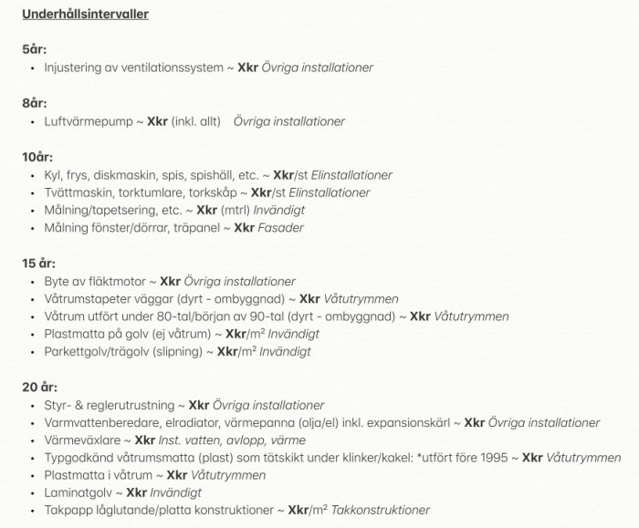 Textdokument med underhållsintervaller och kostnadsskattningar för bostadsunderhåll.