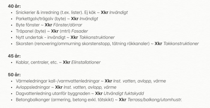 Lista över bostadsunderhållskostnader sorterade efter ålder med exempel som målning och elinstallationer.