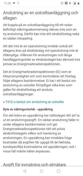 Skärmdump av diskussionsforum om regler för anslutning av solcellsanläggning enligt ellagen.