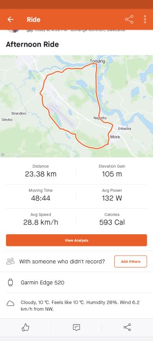 Skärmavbild av spårningsdata för en cykeltur med karta, distans, höjdförändring och tid.