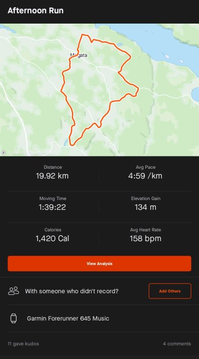 Skärmdump från träningsapp visar en kartbild av en eftermiddagslöpning på 19.92 km med statistik som tidsåtgång och puls.