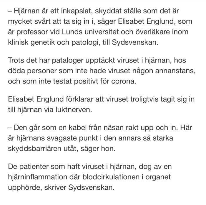 Skärmdump av en nyhetsartikel som diskuterar upptäckten av coronaviruset i hjärnan på avlidna.