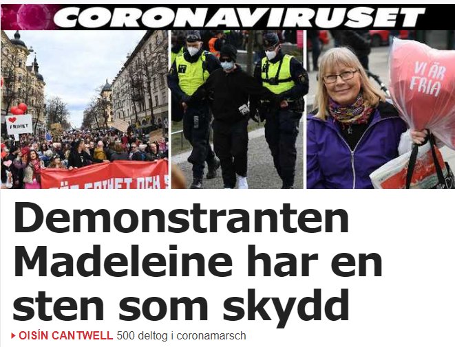 Människor som demonstrerar på gatan, poliser i bakgrunden, och en leende kvinna med ballong.