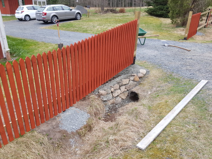 Nybyggd stödmur vid slänten nära rött staket, skottkärra och gräsmatta i förgrunden.