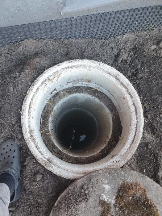 Öppen brunn med en person i grå byxor och svarta krokskor som står bredvid, synlig på ena sidan av bilden.