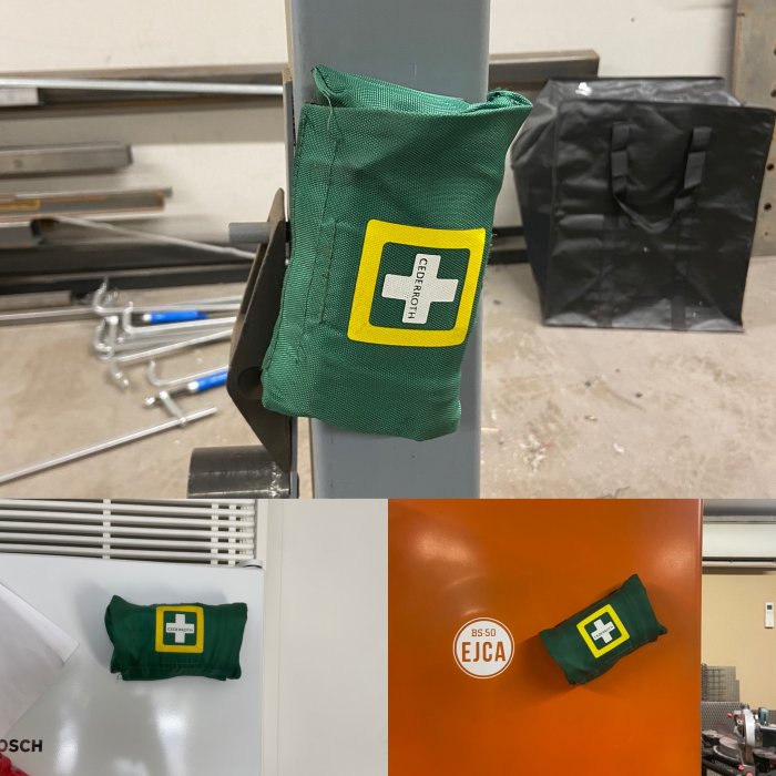 Cederroth First Aid Kit Small monterat på olika ytor med magneter och spännrem.