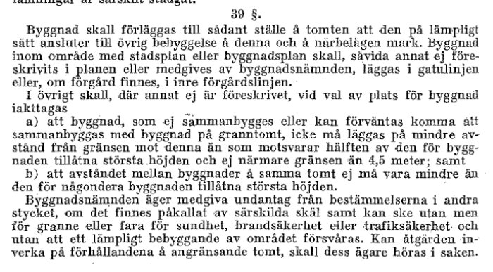 Skärmdump av en text om byggnadsförordning med fokus på 4,5-metersregeln gällande byggnadsplacering.