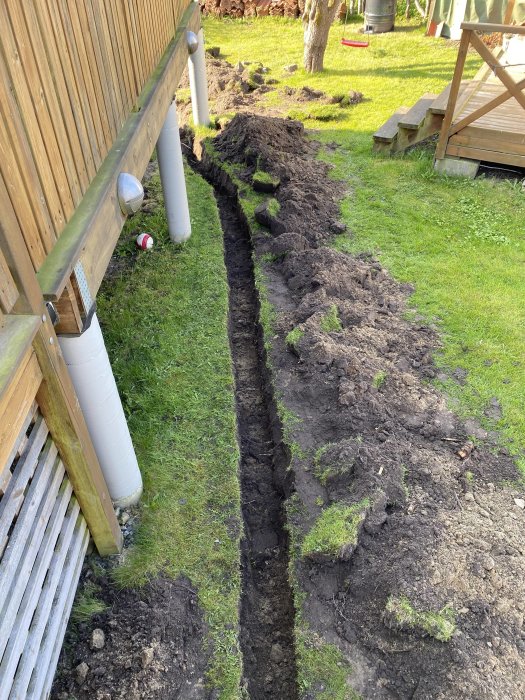 Nygrävd trädgårdsdike längs med en träveranda och husvägg för dränering eller kabelläggning.