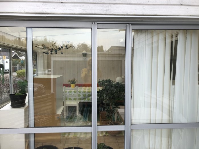 Sliding glass doors with aluminum frames on a balcony, with plants visible inside.