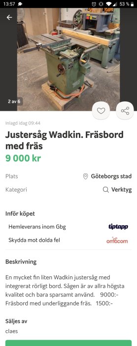 Wadkin justersåg och fräsbord i verkstadsmiljö, till synes sparsamt använd.