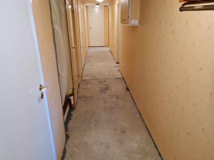 Källarkorridor med avlägsnat golv som avslöjar ett betongunderlag och oskyddade väggar.