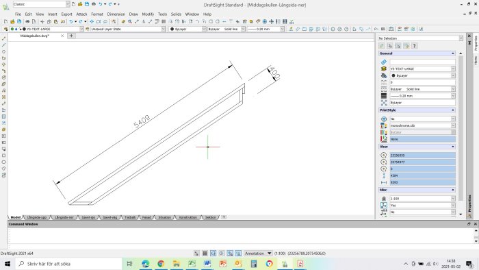 Ritningsprogram med en enkel 3D-ritning av en träbjälke och angivna mått på en datorskärm.