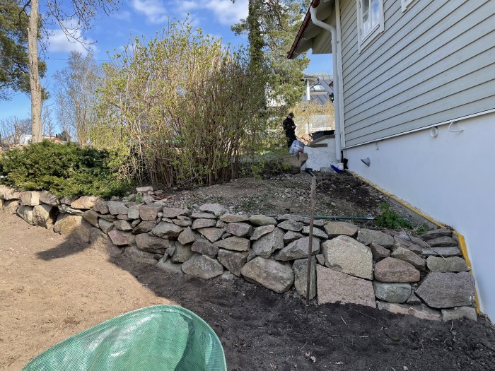 Trädgårdshörna med stenmur, stor sten och jord där en Rhododendron ska planteras, nära en vit husvägg.