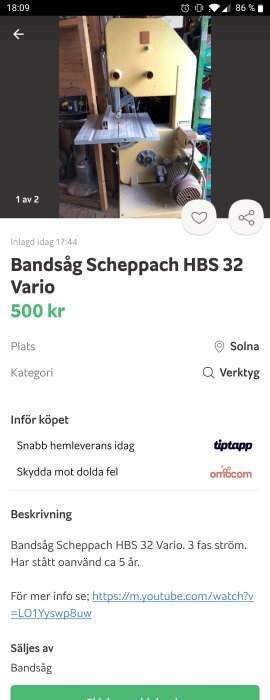 Begagnad bandsåg Scheppach HBS 32 Vario med bordsarbetsyta och inställningshjul, placerad i ett verkstadsutrymme.