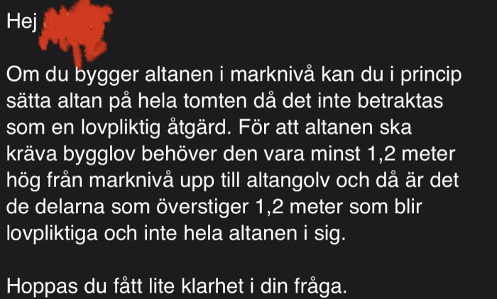 Skärmbild av forumdiskussion om bygglov för altaner med detaljer om höjd i förhållande till marknivå.