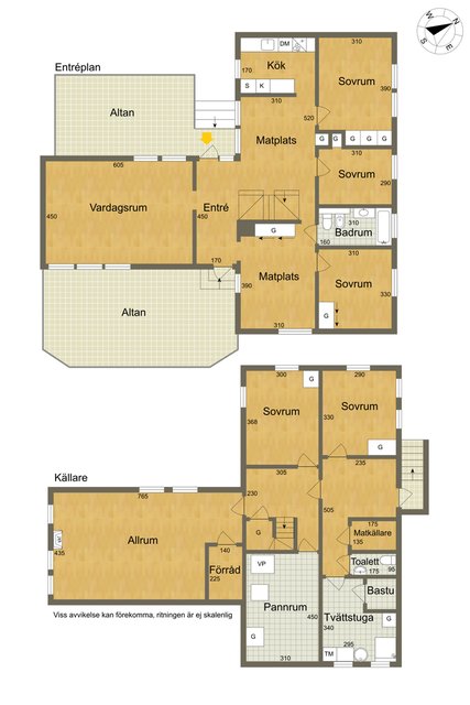 Ritning av 1,5-plans hus med källare som visar entréplan med kök, vardagsrum och sovrum samt källare med allrum och bastu.