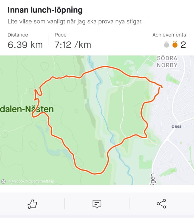Skärmklipp av löparkarta med en 6.39 km lång rutt markerad med orange linje i ett grönt landskapsområde.