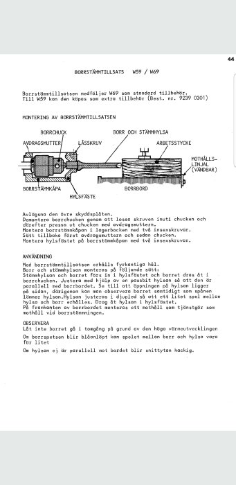 Schematisk illustration av monteringsanvisningar för en borrstämmtillsats med beskrivande text och delnamn.