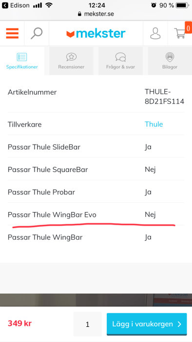 Skärmdump från mekster.se som visar att en produkt inte passar Thule WingBar Evo.