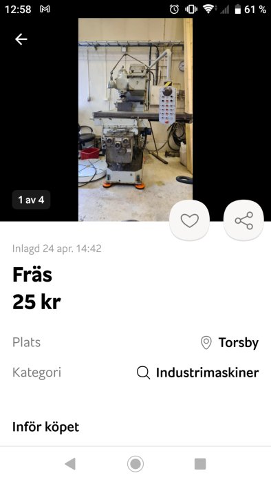 Abene VHF-4U fräsmaskin med tillbehör i ett verkstadsrum, annonserad för 25 kr.