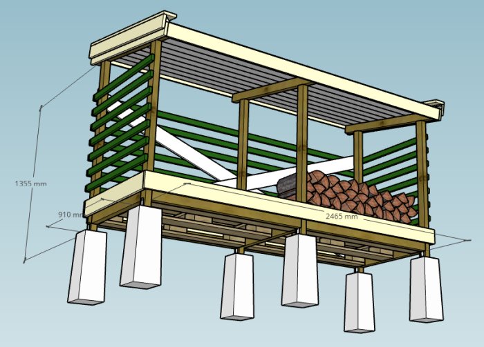 3D-skitse af et lille, åbent vedskjul med dimensioner, bygget på EU-paller og støttet af betonplinter.