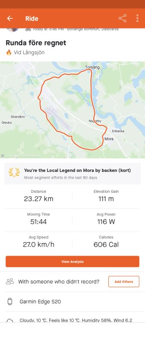 Skärmdump av en cykeltursresultat med karta och statistik, inklusive distans, tid och kaloriförbränning.
