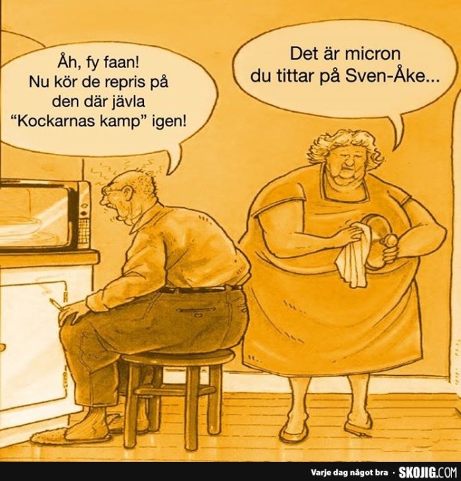 Illustration av två äldre personer, en tittar på en tv och den andra står med visp, humoristiskt missförstånd.