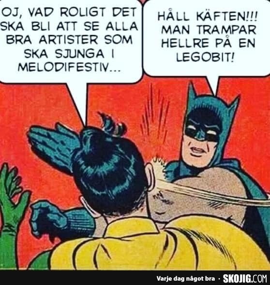 Batman tillrättavisar Robin i en tecknad dialogruta, text på svenska med humoristiskt innehåll.