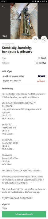 Lång träsvarv Samson BS-1000 i ett garage, till salu för 500 kr.