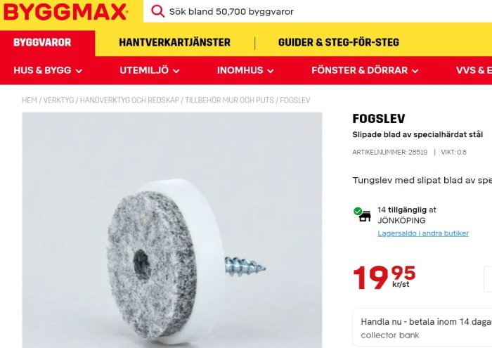 Skruv med vit bricka framför grått slipmedel, omatchande bild och produktbeskrivning på Byggmax hemsida.