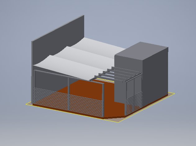 3D-modell av ett bygge med solsegel, husvägg, förråd och pergolastruktur.