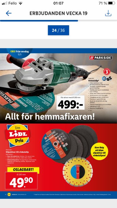 Parkside vinkelslip med skärskiva på ett reklamblad från Lidl, prissatt till 499 kronor, med information om tillbehör.