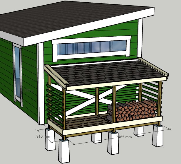 3D-skiss av grönt skjul med överbyggd veranda och måttagning.